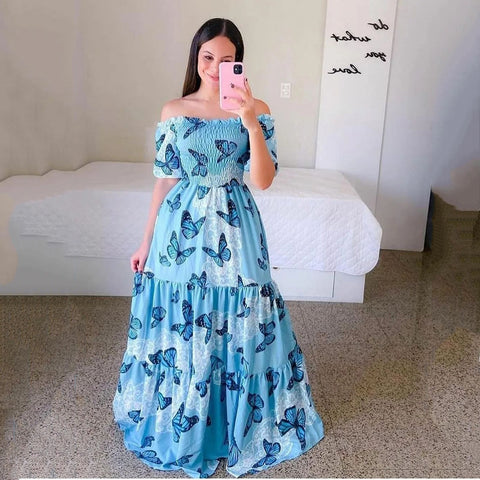 Robe longue florale élégante sans épaules pour femme
