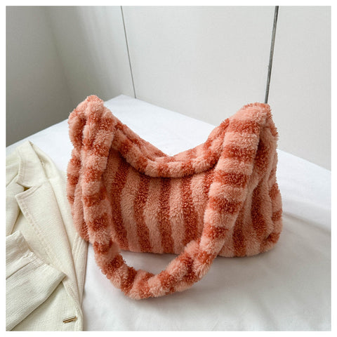 Large-capacity Striped Plush Bag Winter New Fashion Portable Tote Shoulder Bags Shopping Furry Handbags For Women - Fashionner