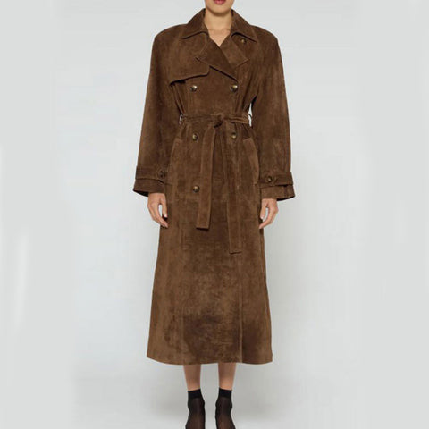 Manteau long à revers croisés avec ceinture, en suède, style vintage, vêtements d'extérieur d'hiver pour femmes