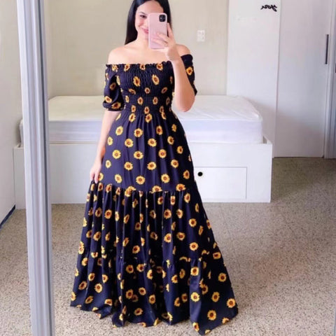 Robe longue florale élégante sans épaules pour femme