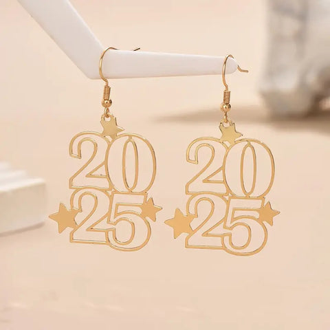 Nouvelles boucles d'oreilles pendantes créatives chiffre d'or 2025 pour femmes, bijoux de mode, boucles d'oreilles de Nouvel An pour soirée