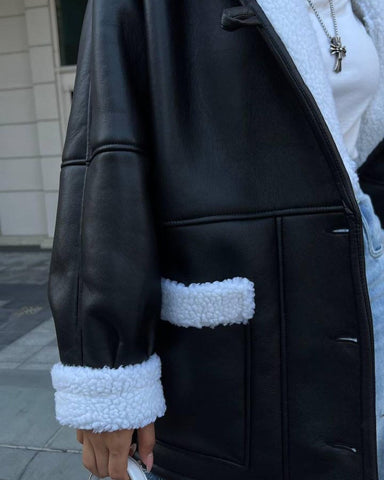 Leather And Fur Korean Style Long Sleeve Splicing Coat Women - Fashionner
