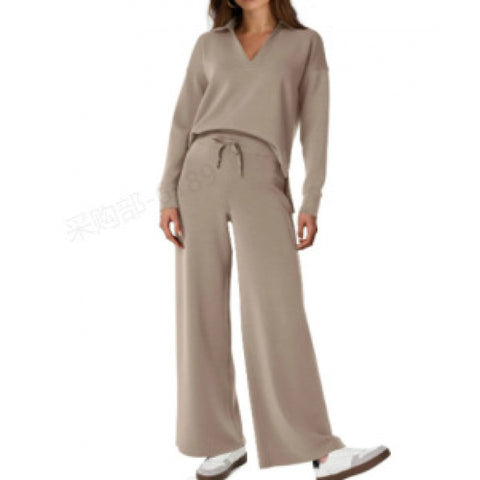 Women's Tracksuit Sports Suit V-neck Long-sleeved Pullover Top And Drawstring Straight-leg Trousers Casual Solid Trousers Set