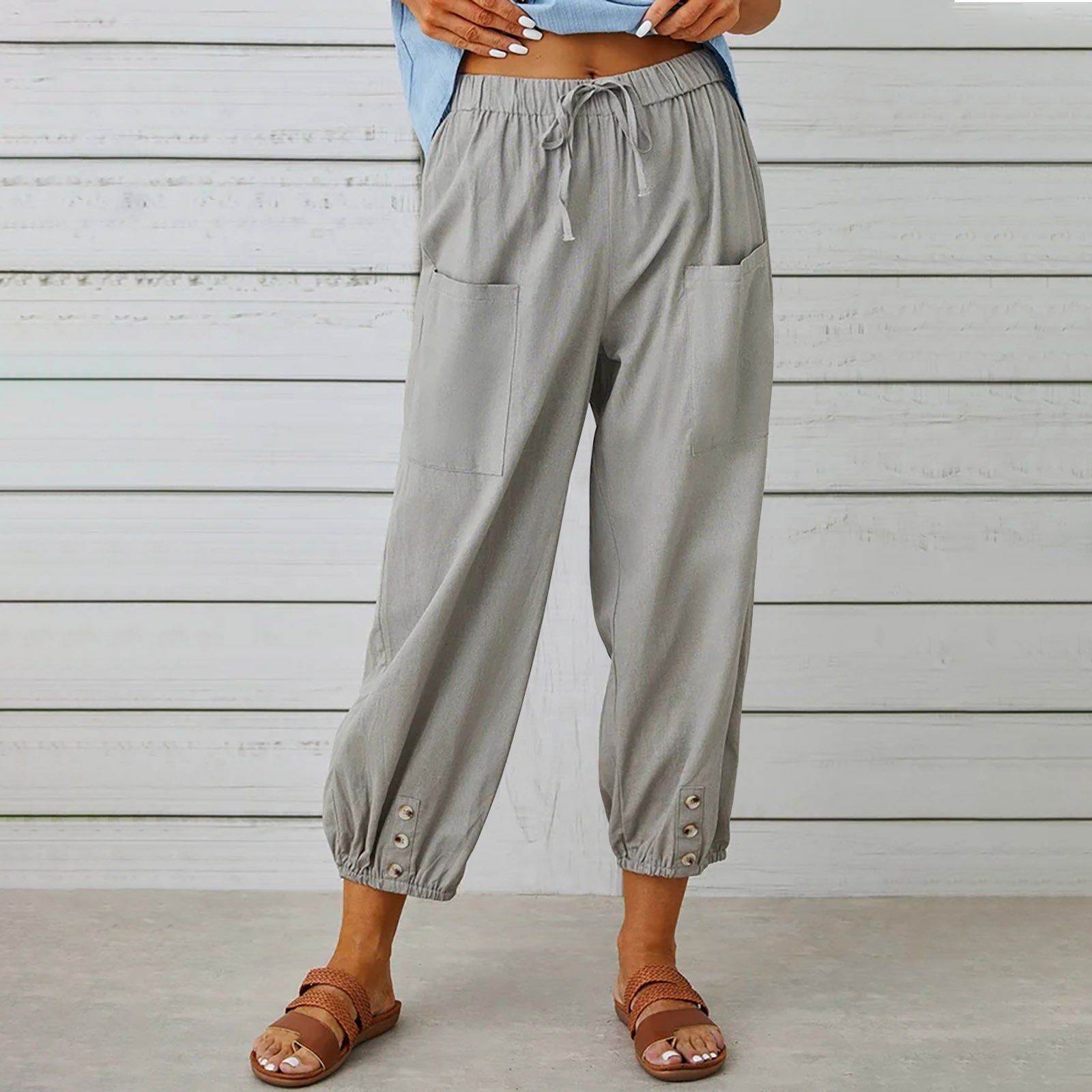 Women Drawstring Tie Pants Spring Summer Cotton And Linen Trousers With Pockets Button - Fashionner