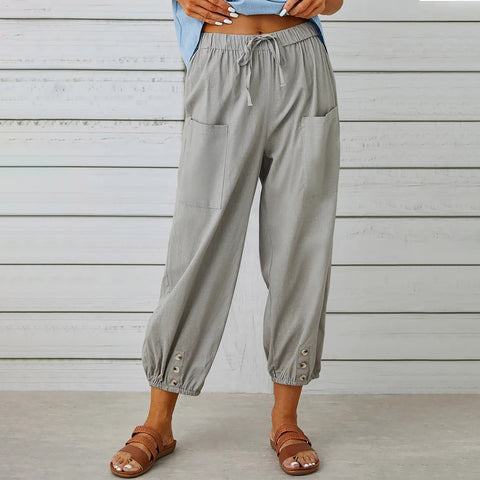 Women Drawstring Tie Pants Spring Summer Cotton And Linen Trousers With Pockets Button - Fashionner
