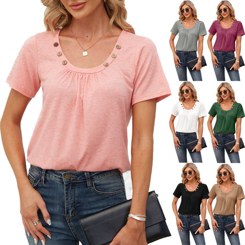 Women's Short-sleeved T-shirt Summer Button Square Collar Pleated Design Solid Color Loose T-shirt Womens Clothing - Fashionner