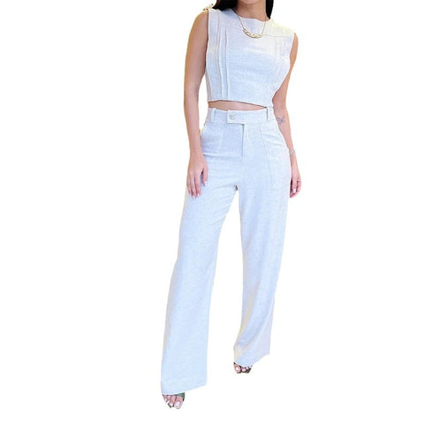 Fashion Round Neck Sleeveless Midriff-baring Short Top Casual Trousers Suit - Fashionner