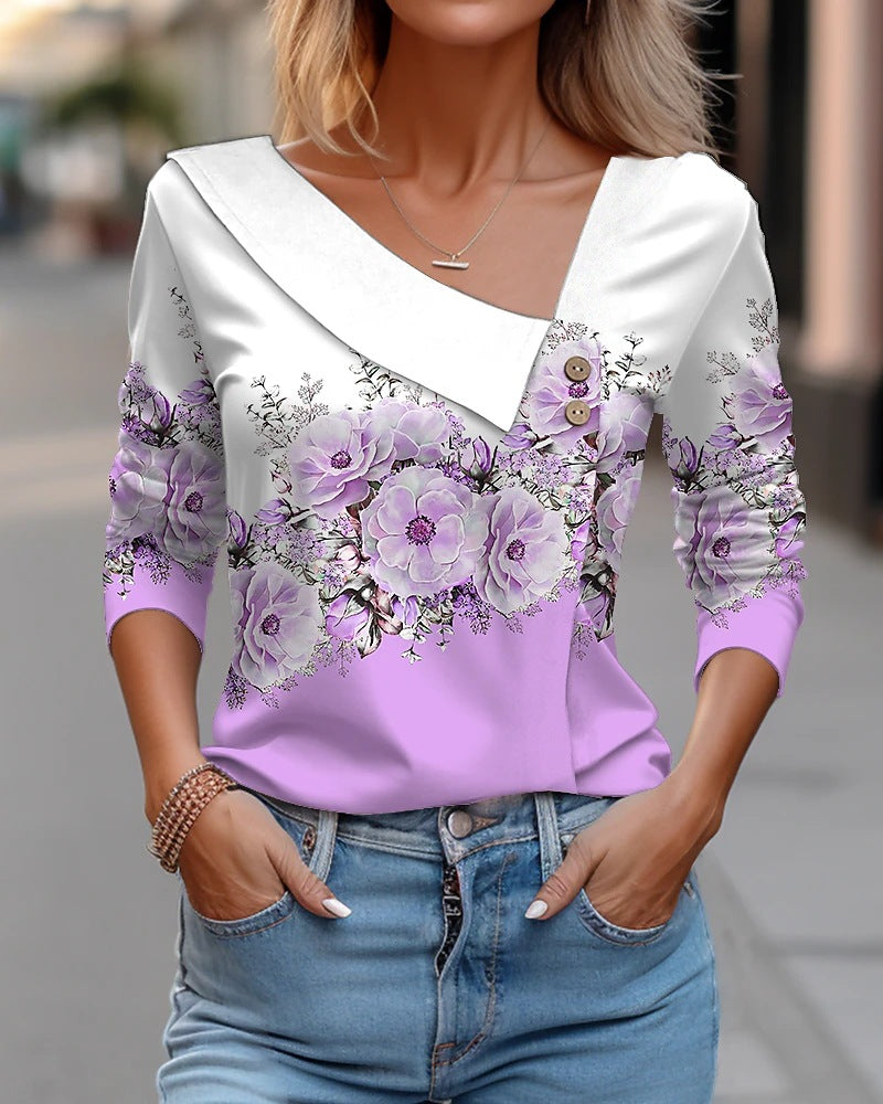 V-neck Long Sleeve T-shirt Floral Print Casual Women's Tops - Fashionner