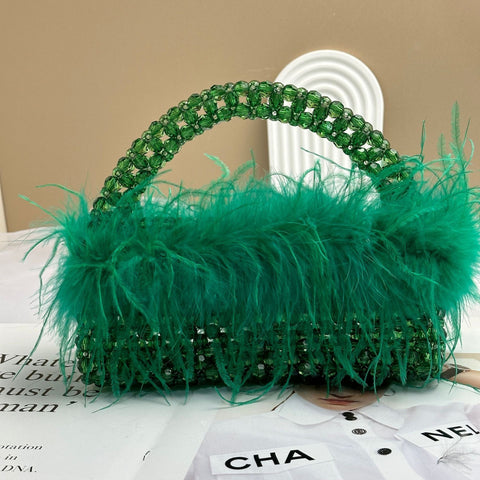 Avec Ostrich Hair Perles Sac Perles Transparent Acrylique Cristal Pierre Boîte Sac à Main Femme Fait à la Main Fête Bourse