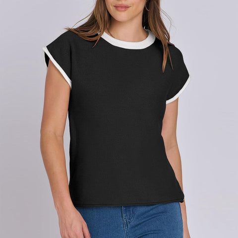 Pull tricoté ras du cou pour femme, décontracté, à rayures et couleurs contrastées