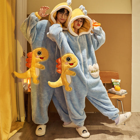 Combinaison mignonne de dessin animé, vêtement d'intérieur, pyjama une pièce pour couple, en polaire corail épaisse pour l'hiver, pour femme, vêtements d'intérieur