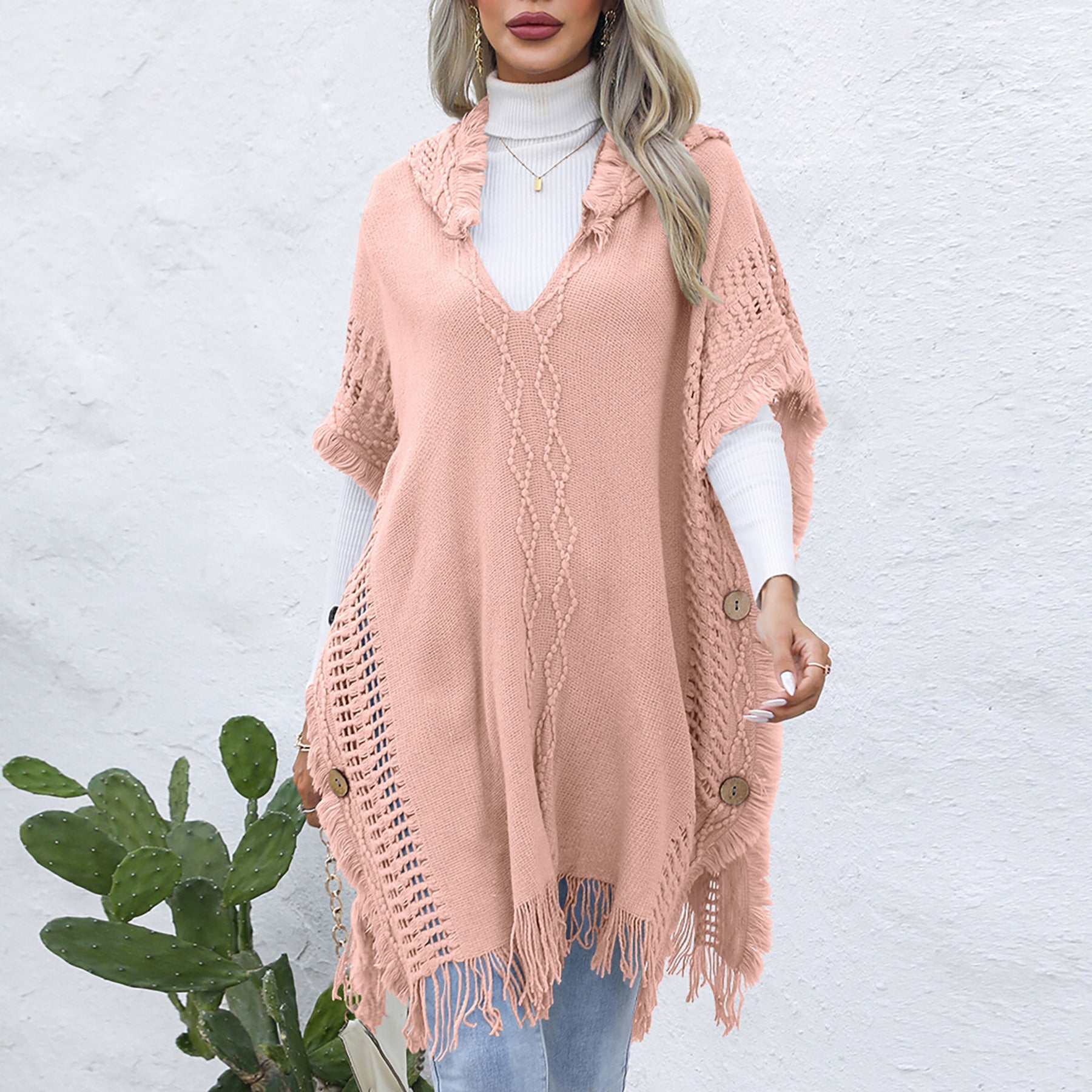 Women's casual loose V-necktie hat pullover medium length sweater vest cape top jacket - Fashionner