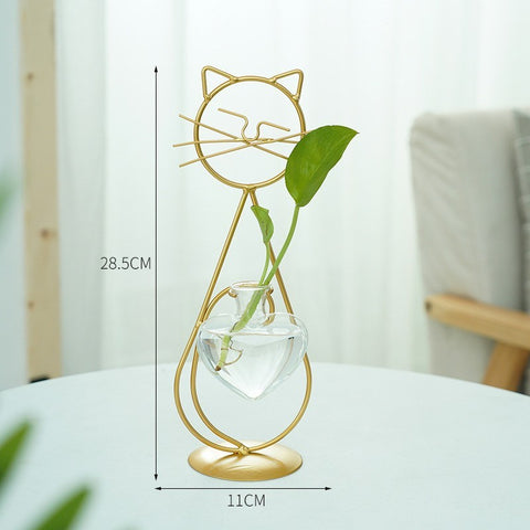 Vase Hydroponique Simple en Fer pour Fleurs avec Chat