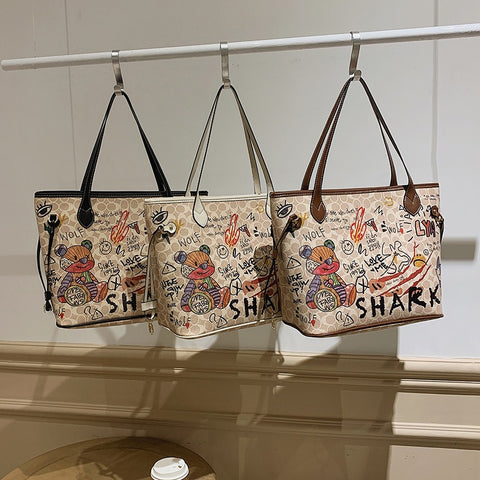Cartoon bear soft leather graffiti printing tote bag new handbag large capacity shoulder bag