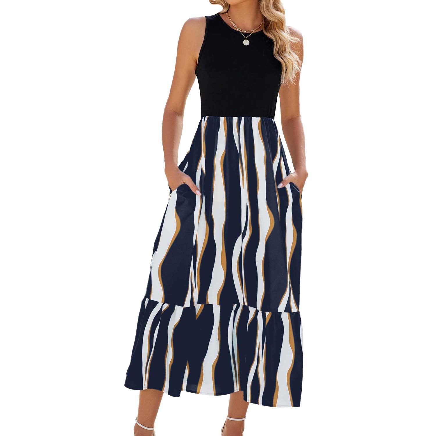 Round Neck Sleeveless Long Dress Summer Fashion Striped Print Dresses Womens Clothing - Fashionner
