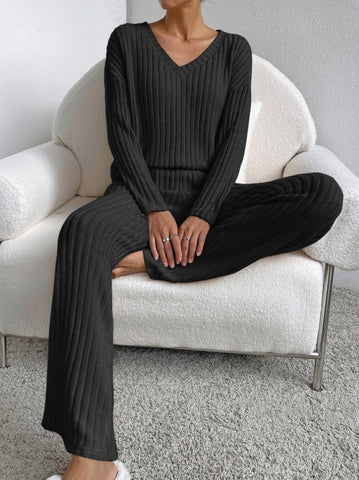 Ensemble De Costume Rayé Uni À La Mode, Haut À Manches Longues Col En V Et Pantalon Droit Décontracté Ample Pour Femmes