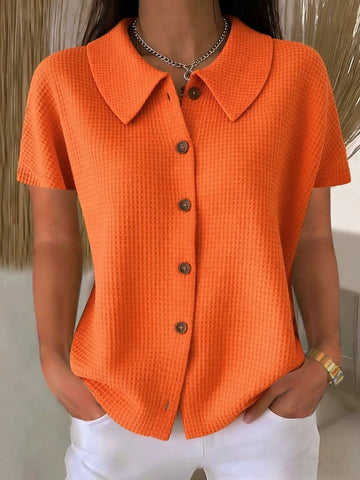Chemise décontractée ample à manches courtes en tissu gaufré uni avec col rabattu – Haut d'été léger en mélange de coton pour femmes, idéal pour un usage quotidien