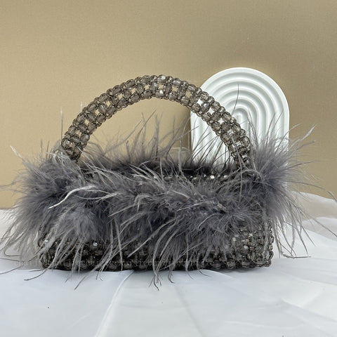 Avec Ostrich Hair Perles Sac Perles Transparent Acrylique Cristal Pierre Boîte Sac à Main Femme Fait à la Main Fête Bourse