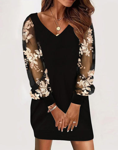 Long-sleeved V-neck Dress Spring And Autumn New Style Lace Splicing Dress For Womens Clothing - Fashionner