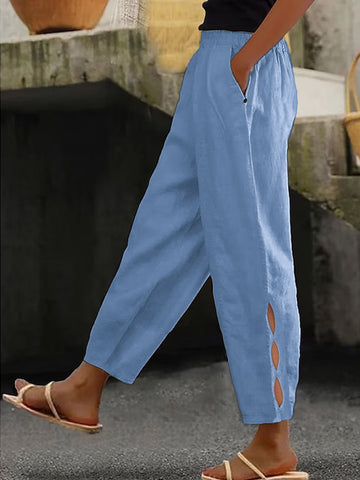 Hollow-Out Ankle Detail Trousers - Button-Adorned Bottom Hem Pants For Women Summer Daily Wear