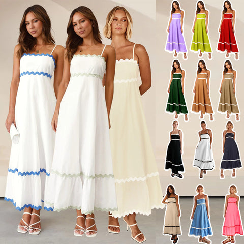 New Suspender Long Dress Summer Fashion Solid Color Wave Pattern Printed Beach Dresses For Womens Clothing - Fashionner