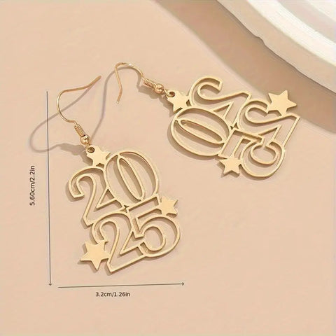 Nouvelles boucles d'oreilles pendantes créatives chiffre d'or 2025 pour femmes, bijoux de mode, boucles d'oreilles de Nouvel An pour soirée