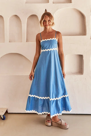 New Suspender Long Dress Summer Fashion Solid Color Wave Pattern Printed Beach Dresses For Womens Clothing - Fashionner