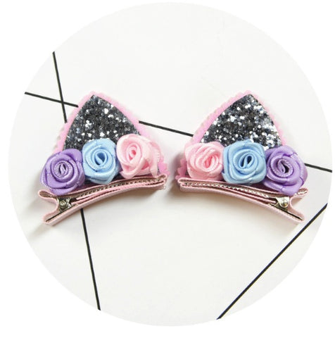 Lot de 2 jolies pinces pour filles, fleurs en tissu feutre pailleté arc-en-ciel, épingles à cheveux oreilles de chat lapin, accessoires pour cheveux pour enfants