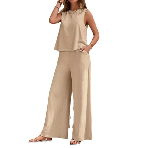Ensemble pantalon uni décontracté et ample pour femmes, costume deux pièces élégant pour le printemps et l'été, ensemble pantalon complet, tenue féminine