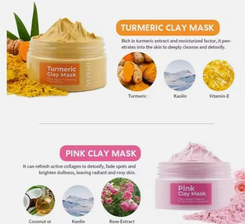 Masque visage à l'argile Rose, Curcuma, Charbon actif, Thé vert Matcha 50 g chacun Lot de 4
