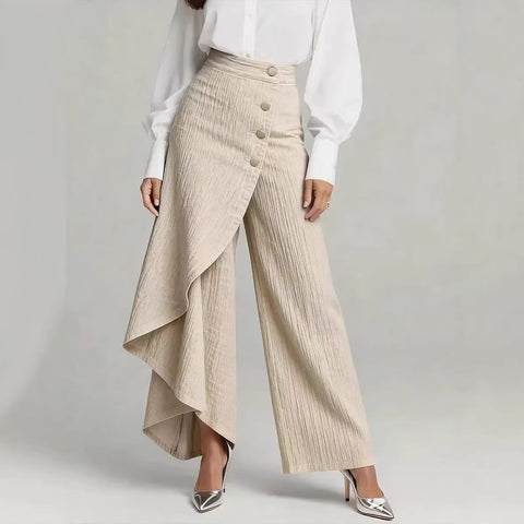 Pantalon coupe droite unique Boutons à grands volants pour femme, en faux jean