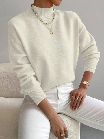 Women's Pullover Sweater Casual Solid Color Mid-high Neck Long-sleeved Knitted Tops Clothing