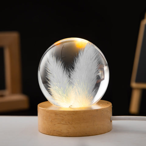 Veilleuse LED Fleur Boule de Cristal Lampe de Nuit pour Enfants avec Base en Bois Lumière Ambiante de Chambre Cadeau Créatif Veilleuse