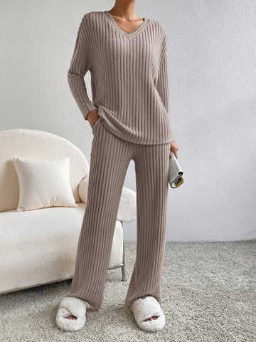 Ensemble De Costume Rayé Uni À La Mode, Haut À Manches Longues Col En V Et Pantalon Droit Décontracté Ample Pour Femmes
