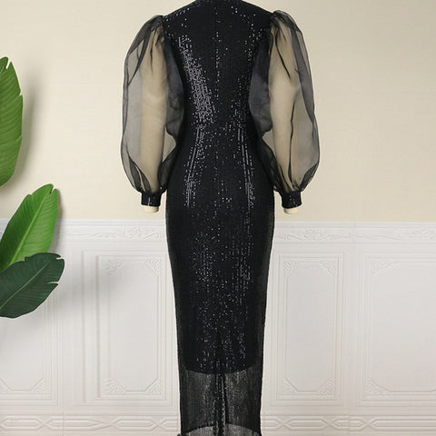 Lantern Sleeves Stretch Sequin Party Mid-length Dresses For Women - Fashionner