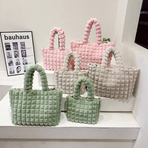 Plaid Handbags Winter Fashion High Capacity Shopping Plush Bag Korean Style Personalized Designer Luxury Tote Bags For Women - Fashionner