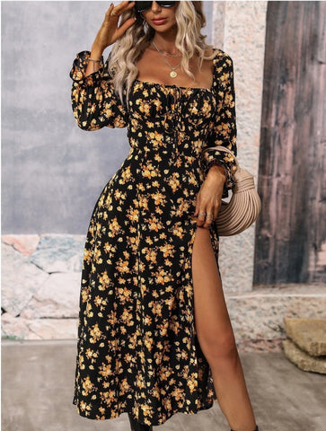 Robes à manches longues imprimées de fleurs, col carré tendance, fendues à la base pour femme