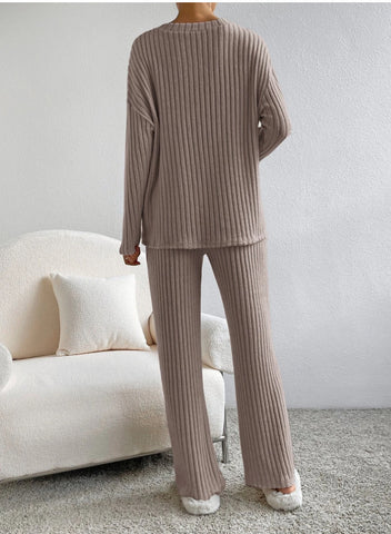 Ensemble De Costume Rayé Uni À La Mode, Haut À Manches Longues Col En V Et Pantalon Droit Décontracté Ample Pour Femmes