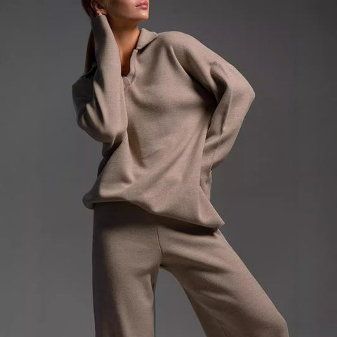 Ensemble deux pièces automne hiver pour femme, simple, ample, de couleur unie, ensemble pull col montant, mode décontractée, ensemble de sport.