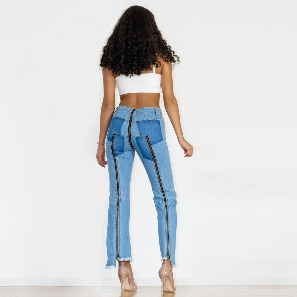 Shascullfites Women Split Straight Jeans Women Club Dancing Pants Light Blue Denim Pants Slim Fit Zipper Jeans - Fashionner