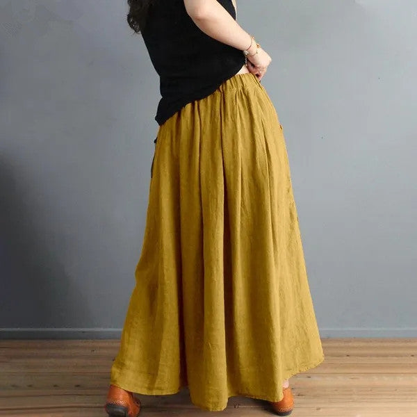 Retro Artistic Style Loose Elastic Waist Color Matching Cotton And Linen Skirt Slimming A- Line Skirt - Fashionner
