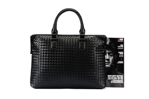Men's Bag Leather Large Briefcase Hand Woven Luxury Handbags Business Tote Bags For Men High Quality Laptop Handbags - Fashionner
