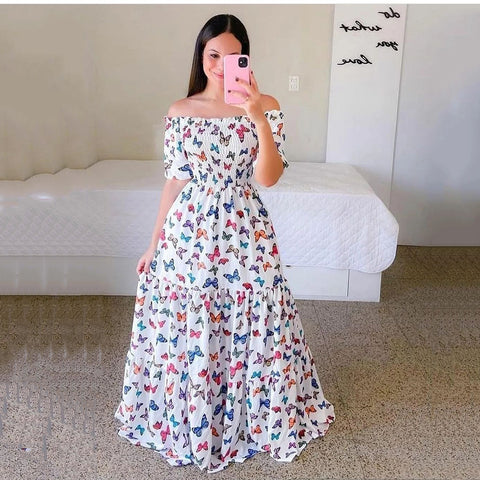 Robe longue florale élégante sans épaules pour femme