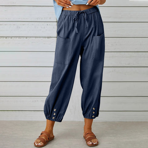 Women Drawstring Tie Pants Spring Summer Cotton And Linen Trousers With Pockets Button - Fashionner