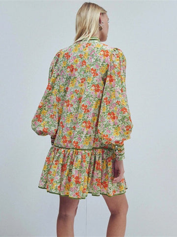 Robe chemise florale rétro pour femmes, col montant, manches bouffantes, jupe courte, style vacances