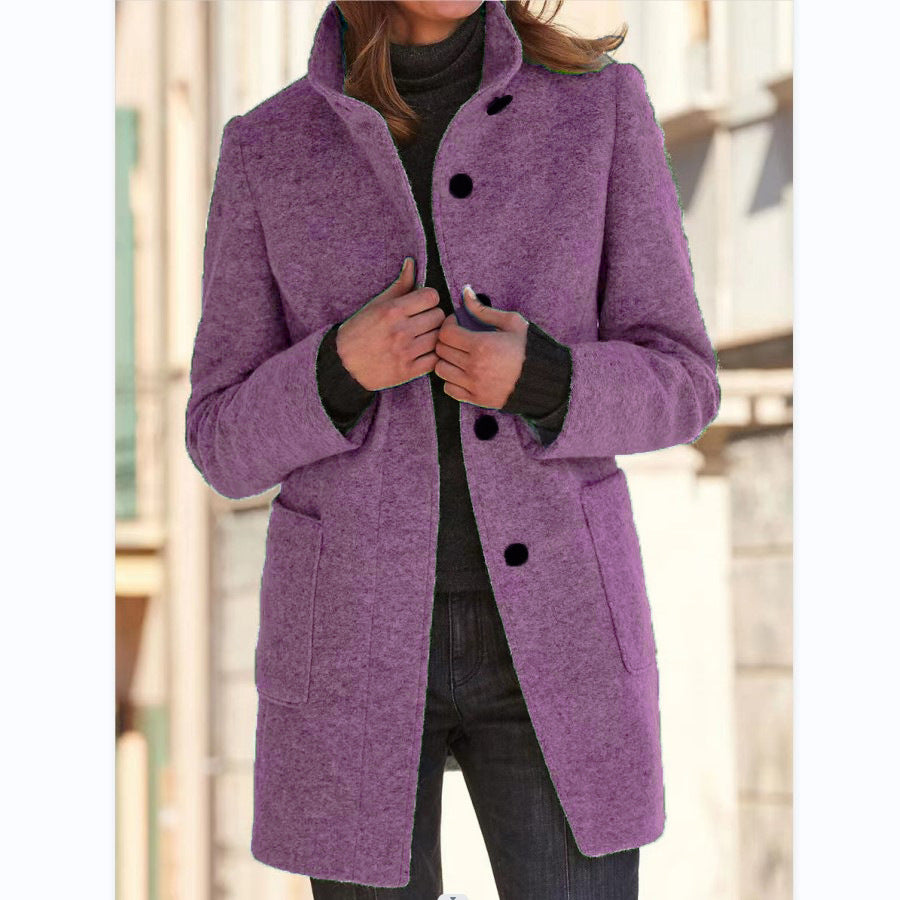 Buy Fashion Stand Collar Woolen Coat With Pockets Fall Winter Casual Button Outwear For Women Clothing online at Fashionner.