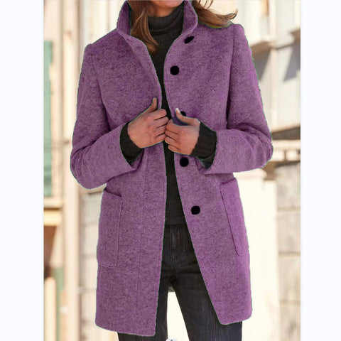 Buy Fashion Stand Collar Woolen Coat With Pockets Fall Winter Casual Button Outwear For Women Clothing online at Fashionner.