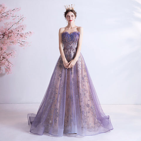 Strapless Purple Sequin Starry Dress Wedding Dress - Fashionner