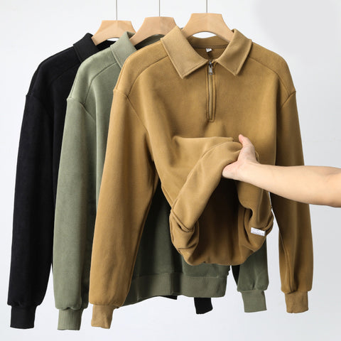 Sweat-shirt tendance à col à revers et demi-fermeture éclair, haut chaud polaire à manches longues pour hommes - Vêtements pour hommes