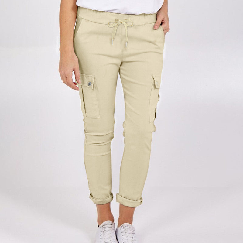 Casual Cargo Pants With Pockets Solid Color Drawstring Waist Pencil Trousers For Women - Fashionner